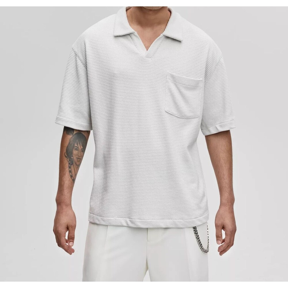 MODE OF ONE Polo Shirt Mens XXL Light Grey Textured Knit Chest Pocket